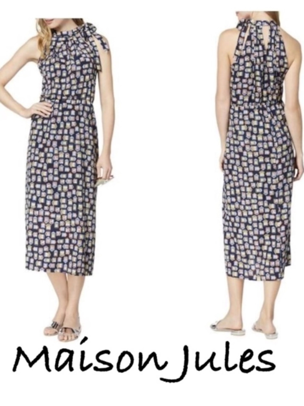 Maison Jules Navy Sleeveless Maxi Dress with Multicolor Print Size Medium